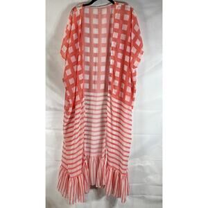 Women's Red/White Square-Striped Printed Ruffle-Hem Open-Front Cardigan SZ OS